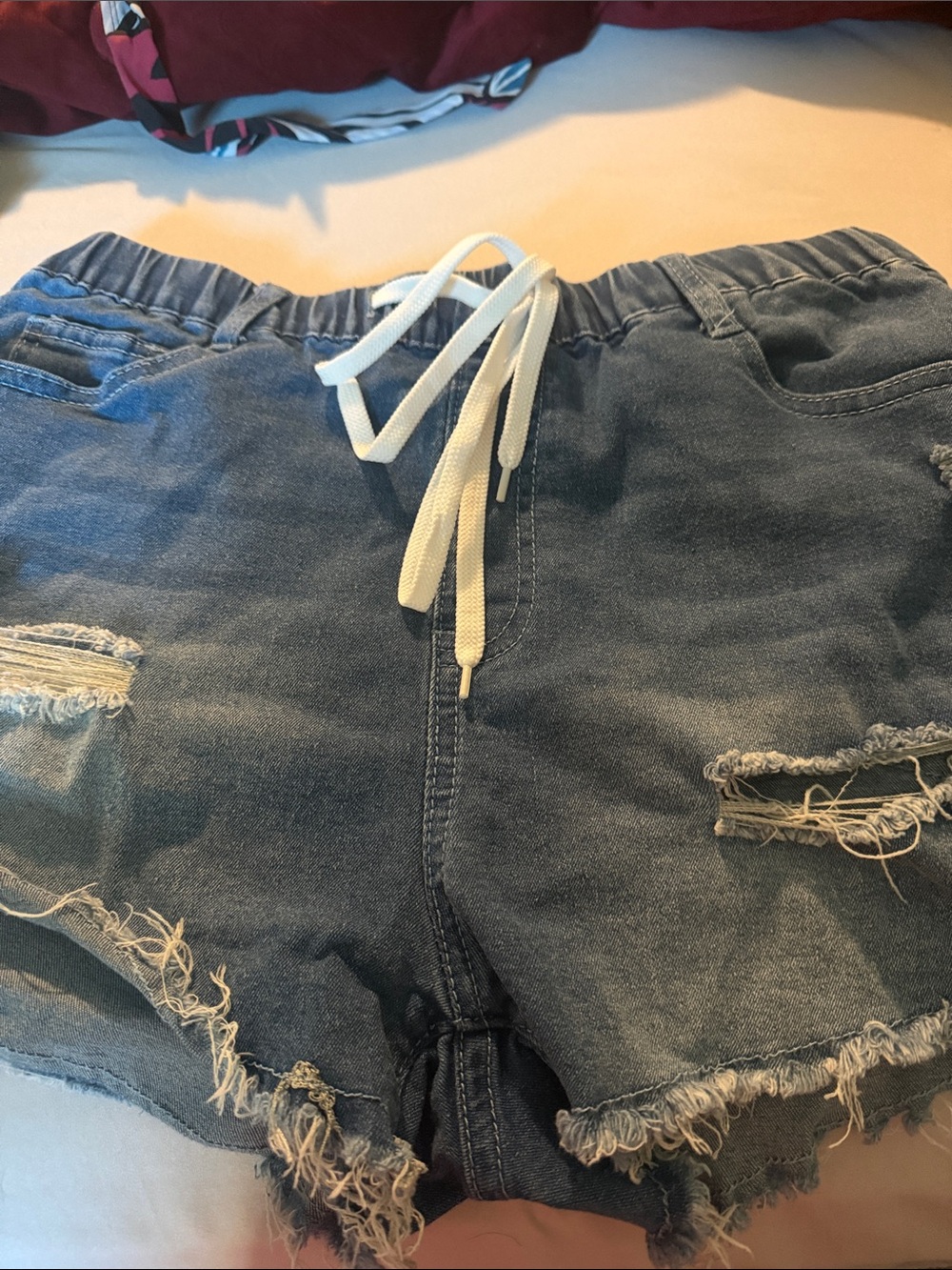 Distressed Denim Drawstring Shorts - Blue